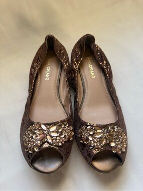 Arturo Chiang Brown Lace Peep-Toe Flats with Crystal Embellishment
